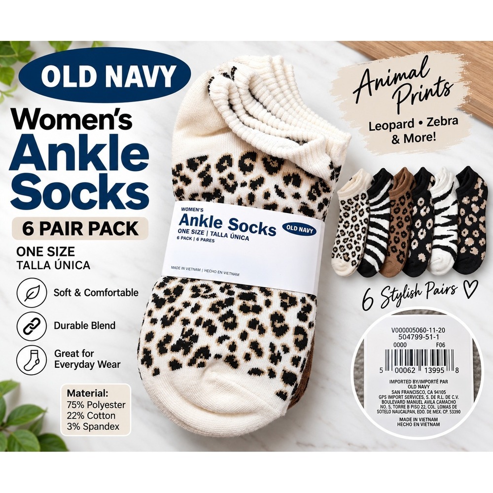 Old Navy Womens Ankle Socks 6 Pair Pack Animal Print Leopard Zebra One Size NEW